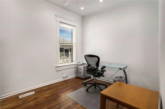 office featuring crown molding and dark hardwood / wood-style floors