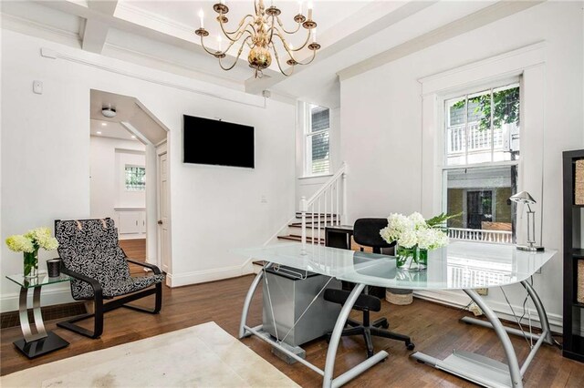 home office featuring an inviting chandelier, crown molding, dark hardwood / wood-style flooring, and plenty of natural light