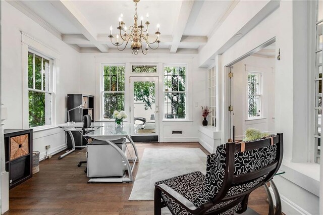 interior space with a healthy amount of sunlight, beam ceiling, dark hardwood / wood-style floors, and a notable chandelier