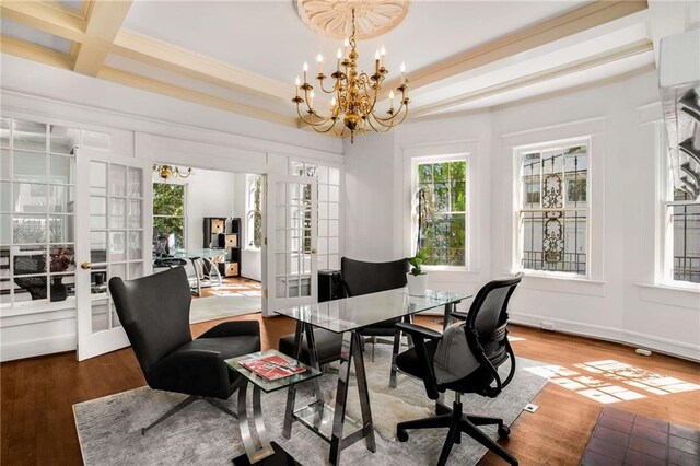 home office featuring french doors, a notable chandelier, crown molding, and wood-type flooring