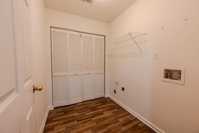 laundry room featuring dark wood-type flooring, baseboards, washer hookup, laundry area, and hookup for an electric dryer