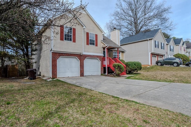 view of front of home featuring fence, concrete driveway, a front yard, a garage, and brick siding