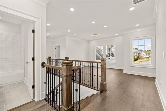 1005 Coleman Place Dr, Roswell, GA 30075 - hall featuring an upstairs landing, crown molding, recessed lighting, and wood finished floors