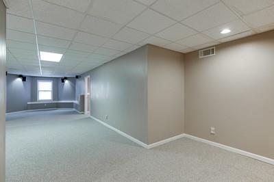 basement featuring a drop ceiling and carpet flooring