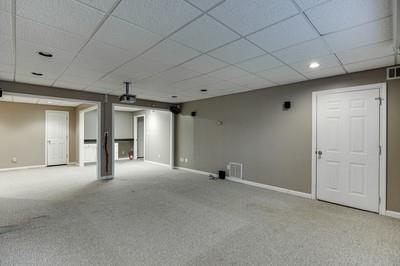 basement with a drop ceiling and light carpet