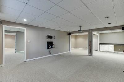 basement featuring light carpet and a paneled ceiling