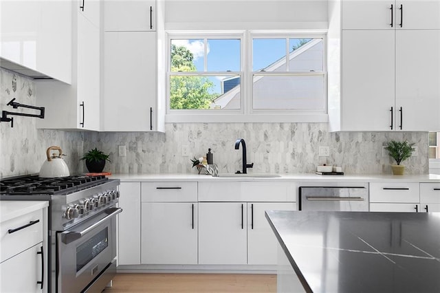 kitchen featuring white cabinetry, backsplash, and stainless steel appliances