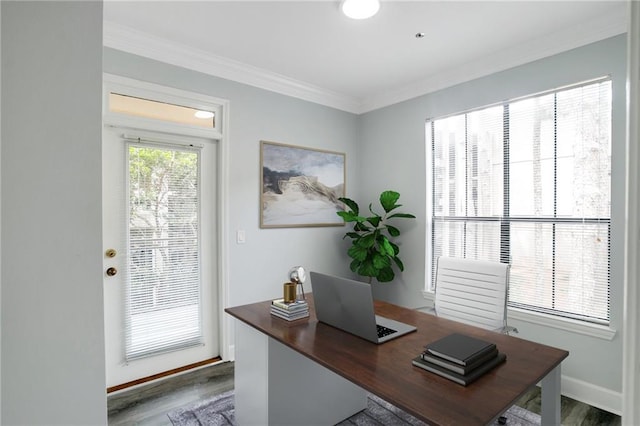 office area with hardwood / wood-style flooring and ornamental molding