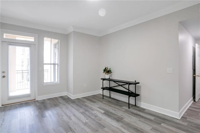 entryway featuring crown molding and light wood-type flooring