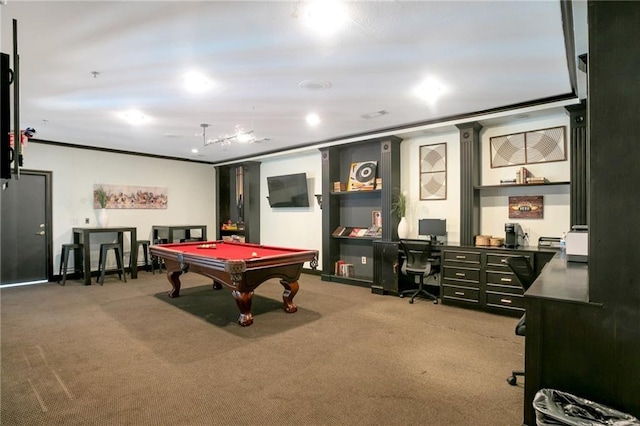 rec room with carpet flooring and billiards