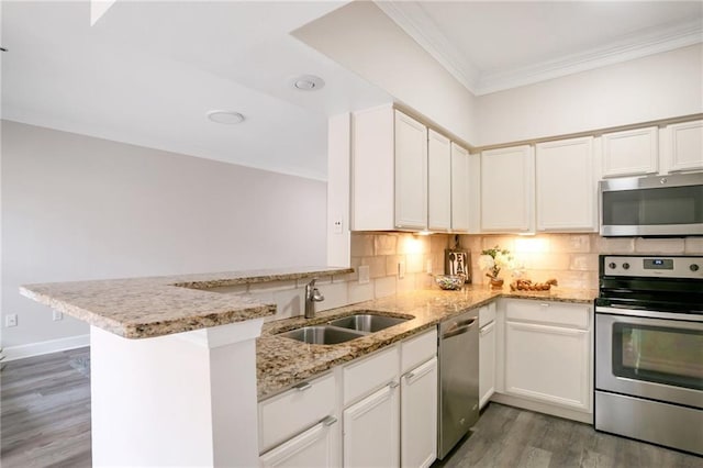 kitchen featuring dark wood-type flooring, sink, kitchen peninsula, white cabinetry, and stainless steel appliances