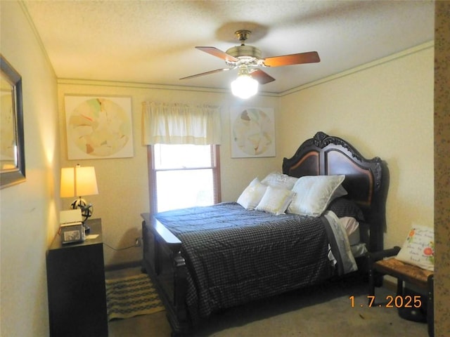 bedroom featuring ceiling fan, crown molding, and dark carpet