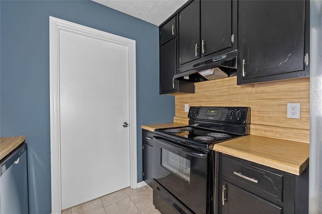 kitchen with tasteful backsplash, stainless steel dishwasher, light tile patterned floors, and black electric range