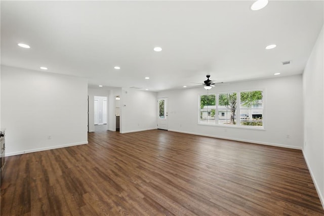 8091 Beachwood Dr, Murrayville, GA 30564 - unfurnished living room featuring recessed lighting, dark wood finished floors, ceiling fan, and baseboards