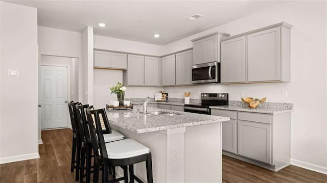 321 Sound Cir, Stockbridge, GA 30281 - kitchen featuring appliances with stainless steel finishes, gray cabinetry, dark wood-style floors, light stone counters, and an island with sink