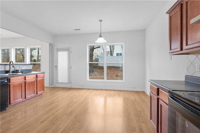 kitchen with backsplash, plenty of natural light, sink, and light hardwood / wood-style flooring