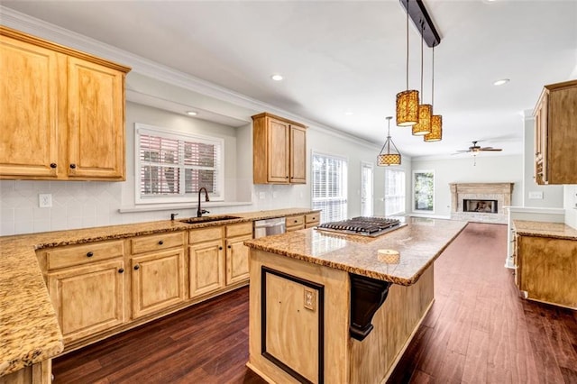 kitchen with dark hardwood / wood-style flooring, light stone countertops, stainless steel appliances, sink, and decorative light fixtures