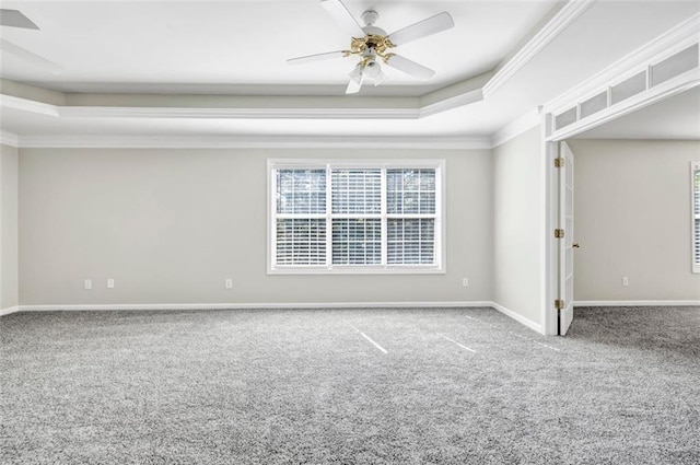 carpeted spare room with ceiling fan, ornamental molding, and a tray ceiling