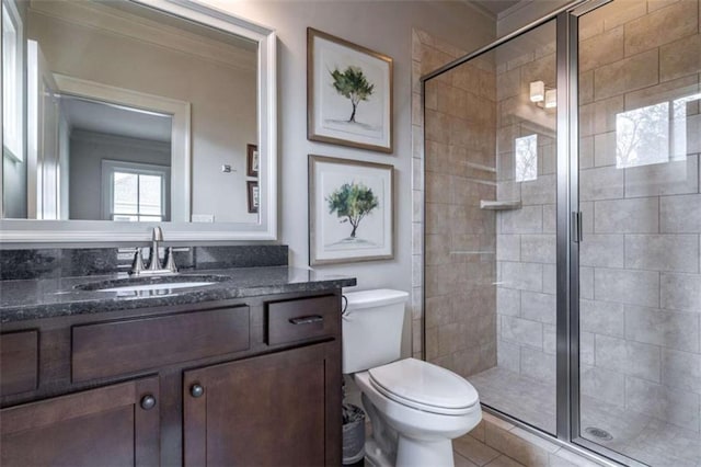 bathroom featuring vanity, toilet, and a shower with shower door