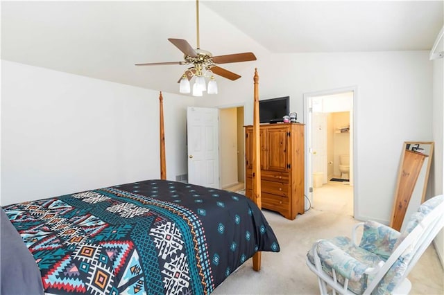 11885 Carriage Park Ln, Duluth, GA 30097 - bedroom with vaulted ceiling, light colored carpet, ceiling fan, and connected bathroom
