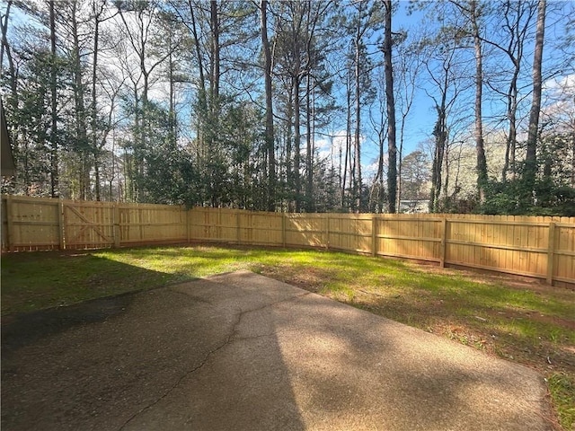 view of yard featuring a patio area and a fenced backyard