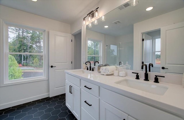 bathroom featuring vanity, a healthy amount of sunlight, and a shower with door