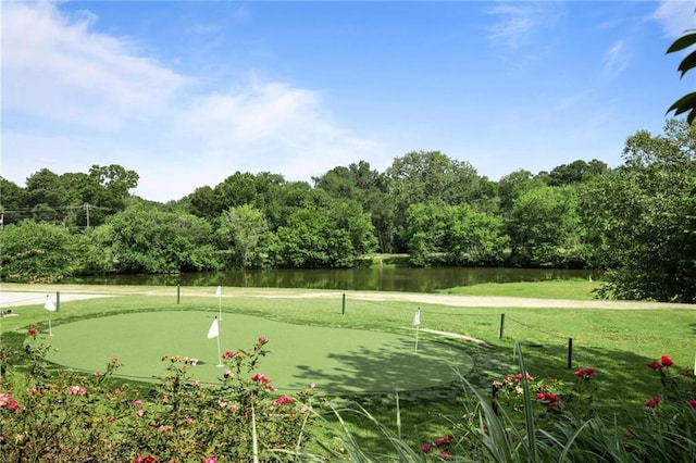 30 Chaumont Sq NW, Atlanta, GA 30327 - view of tennis court featuring a putting area, a water view, and a lawn