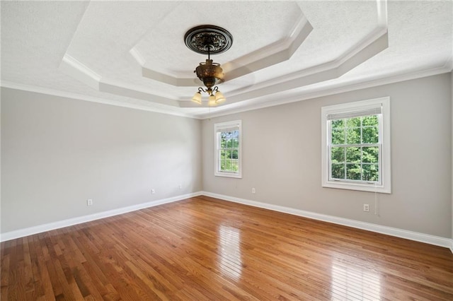 empty room featuring a raised ceiling, crown molding, and hardwood / wood-style floors