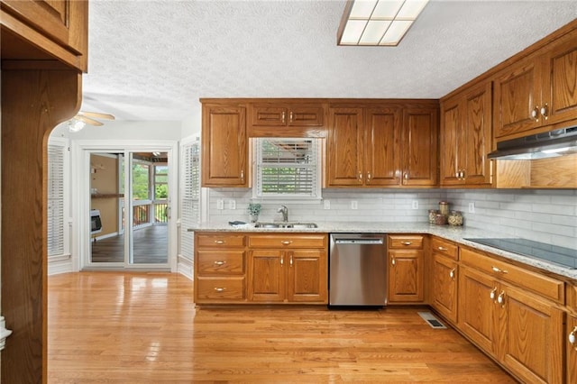 kitchen featuring light hardwood / wood-style floors, sink, black electric stovetop, and stainless steel dishwasher