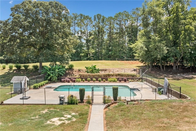 view of pool with a yard