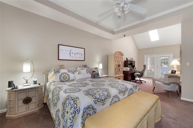 carpeted bedroom with a desk, access to outside, ornamental molding, baseboards, and ceiling fan