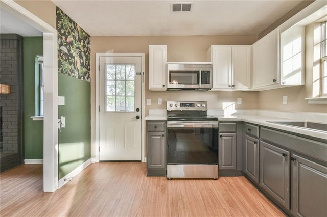 kitchen with appliances with stainless steel finishes, gray cabinetry, visible vents, and a healthy amount of sunlight