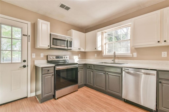 kitchen with light wood-type flooring, visible vents, appliances with stainless steel finishes, a sink, and gray cabinetry