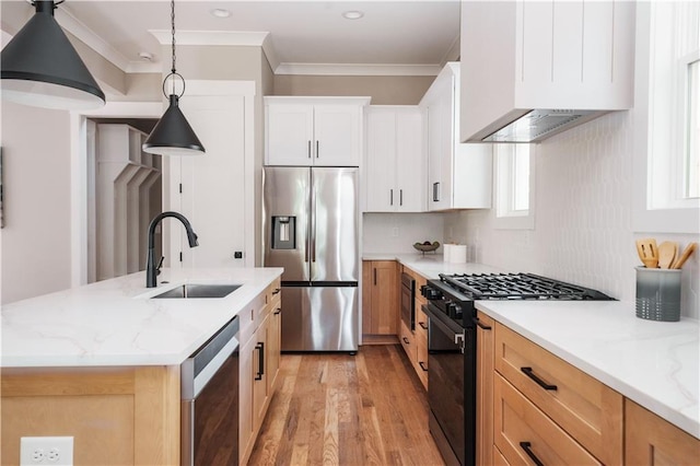 kitchen featuring light stone countertops, premium range hood, a sink, stainless steel appliances, and crown molding