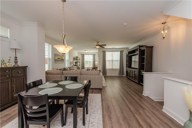 3195 Bartee Walk, Suwanee, GA 30024 - dining room with wood finished floors, a ceiling fan, ornamental molding, and baseboards