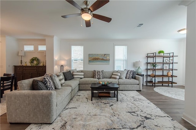 3195 Bartee Walk, Suwanee, GA 30024 - living room featuring crown molding, ceiling fan, plenty of natural light, and wood finished floors