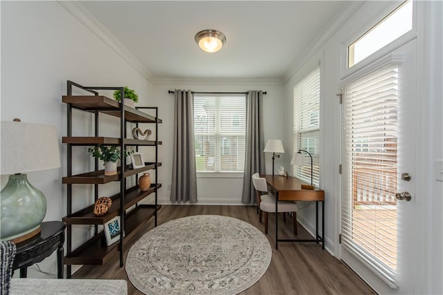 3195 Bartee Walk, Suwanee, GA 30024 - sitting room featuring wood finished floors, crown molding, baseboards, and an office area