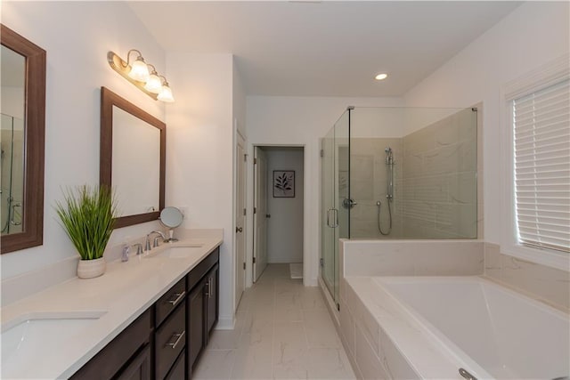 3195 Bartee Walk, Suwanee, GA 30024 - full bath with a garden tub, double vanity, a stall shower, marble look tile flooring, and recessed lighting