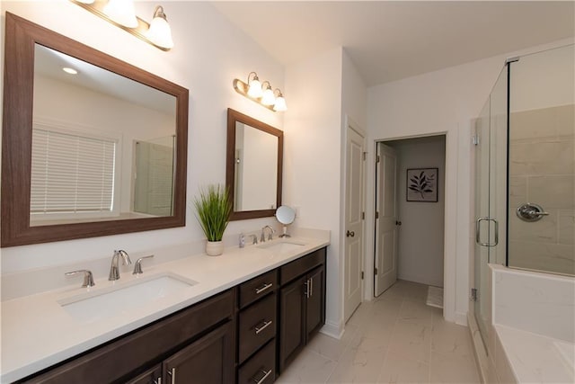 3195 Bartee Walk, Suwanee, GA 30024 - bathroom with marble finish flooring, double vanity, a shower stall, and baseboards