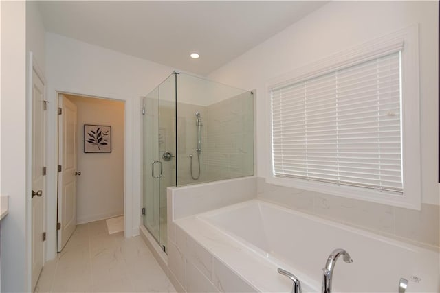 3195 Bartee Walk, Suwanee, GA 30024 - full bath featuring a bath, marble look tile flooring, a shower stall, recessed lighting, and vanity