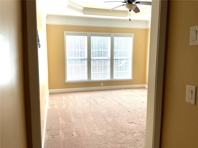 carpeted empty room with baseboards, plenty of natural light, a ceiling fan, and crown molding