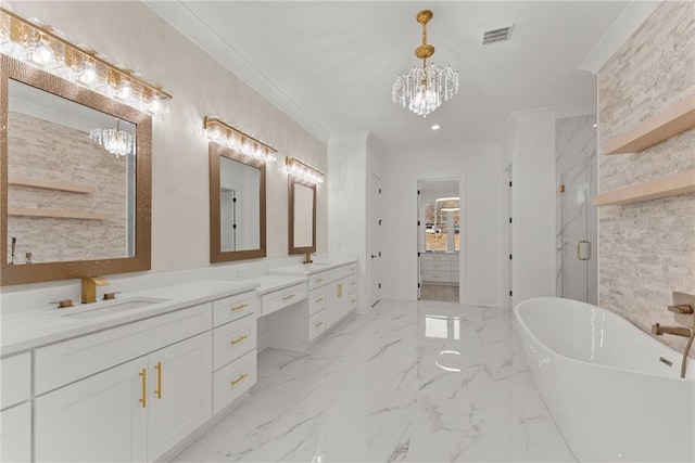 bathroom featuring separate shower and tub, ornamental molding, a chandelier, and vanity