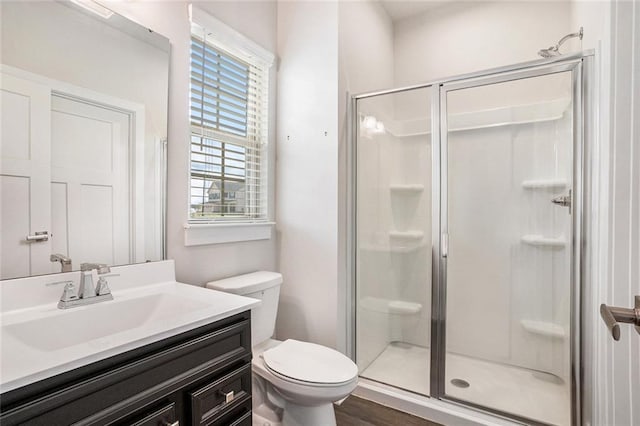 bathroom with vanity, toilet, walk in shower, and a healthy amount of sunlight