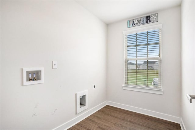 clothes washing area with washer hookup, electric dryer hookup, and dark hardwood / wood-style floors