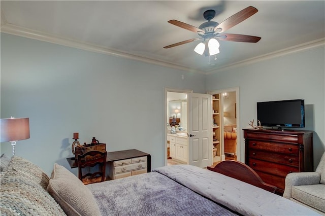 bedroom with ceiling fan, ensuite bathroom, and ornamental molding