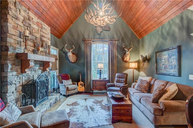 living room with a fireplace, high vaulted ceiling, wooden ceiling, and a notable chandelier