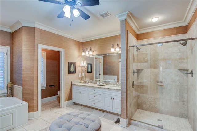 full bathroom with tile patterned flooring, vanity, independent shower and bath, and toilet