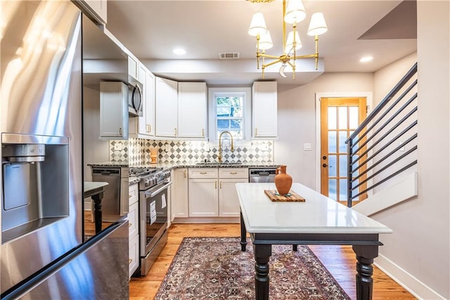 kitchen featuring white cabinets, sink, hanging light fixtures, appliances with stainless steel finishes, and tasteful backsplash