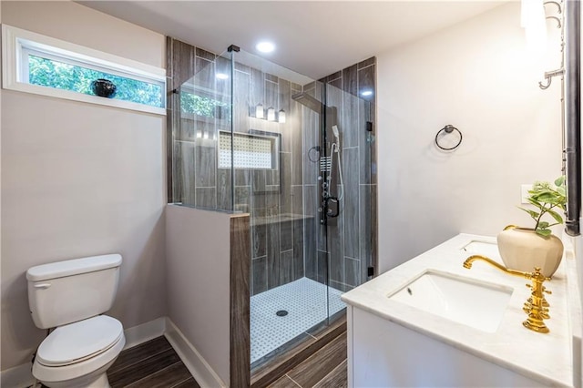 bathroom with vanity, toilet, and a shower with door