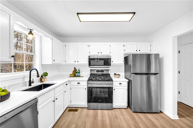 kitchen with light countertops, visible vents, appliances with stainless steel finishes, white cabinetry, and a sink